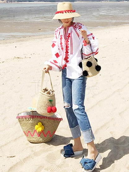 Cherry FurBall Pendant Straw Weaving Tote Bag