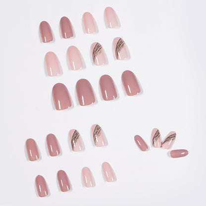 Almond oblique golden thread lotus root pink color PRESS ON NAILS