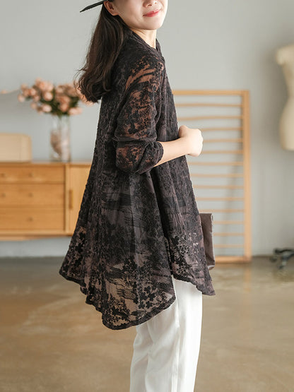 Artistic Retro Solid Color Lace Embroidered Buttoned Lapel Collar Blouse
