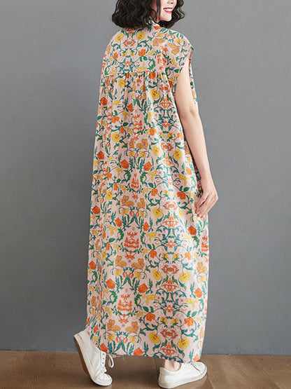 Artistic Retro Floral Printed Pleated Buttoned Lapel Collar Short Sleeves Midi Dress