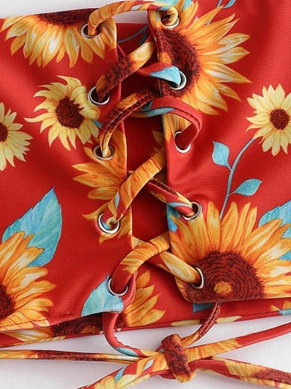 Floral-Print Bandage Bandeau Split Bikini Swimsuit