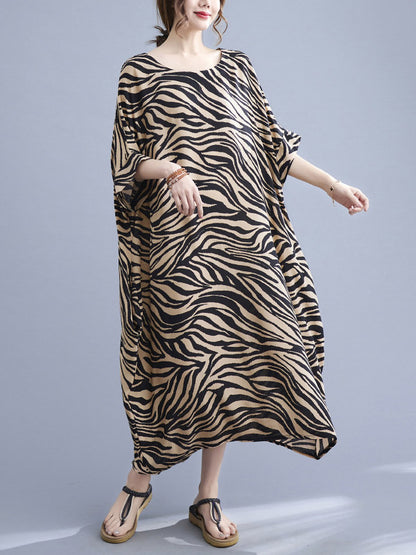 Original Zebra-Stripe Round-Neck Batwing Sleeve Midi Dress