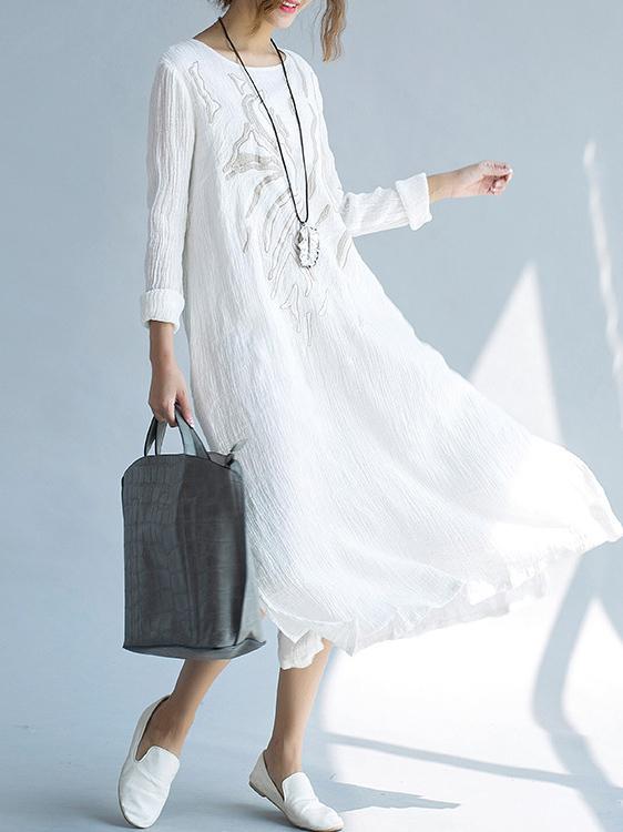 White Ramie Cotton Embroidered Long Dress