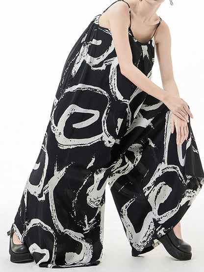 Stylish Loose Black Printed Spaghetti-Neck Wide Leg Jumpsuits