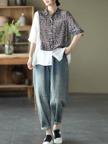 Original Printing Half Sleeve Lapel Blouse Tops