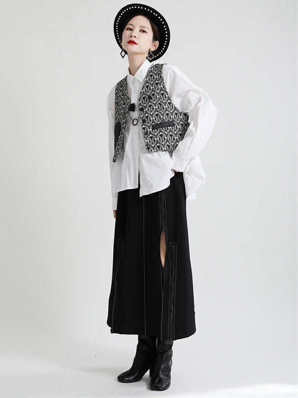 Original Irregular Solid Color Split-Joint Pleated Buttoned Lapel Collar Long Sleeves Blouse