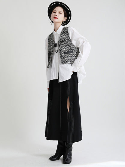 Original Irregular Solid Color Split-Joint Pleated Buttoned Lapel Collar Long Sleeves Blouse