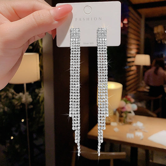 S925 silver needle ultra-flash rhinestone tassel earrings