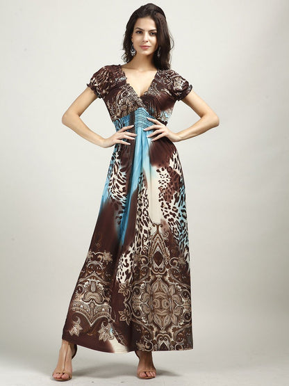 Beautiful Bohemia Floral Short Sleeve V Neck Maxi Dress