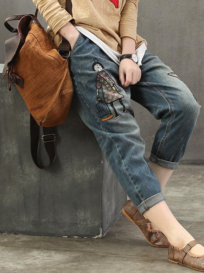Embroidery Cartoon Shredded Jeans Pants