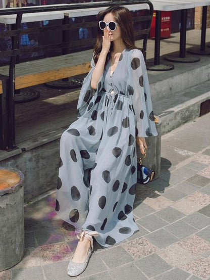 Light-blue Polka-Dot Chiffon Flared Sleeves Wide Leg Jumpsuits