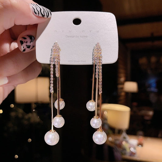 S925 silver needle diamond chain pearl tassel earrings