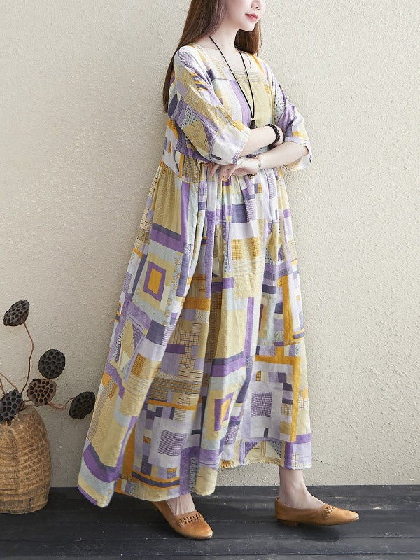 Artistic Retro Ramie Cotton Color-Block Pleated Round-Neck Half Sleeves Midi Dress
