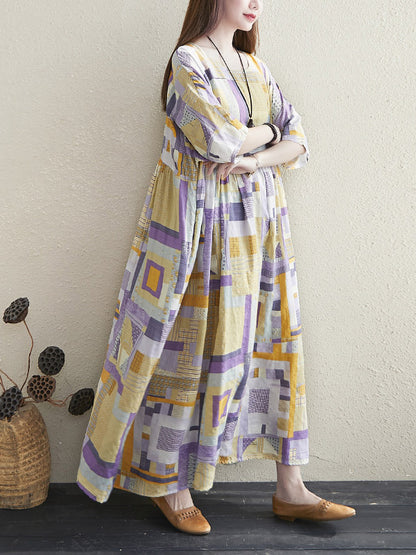 Artistic Retro Ramie Cotton Color-Block Pleated Round-Neck Half Sleeves Midi Dress