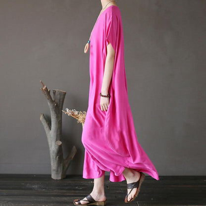 Women Cotton Short Sleeve Plain Pink Loose Dress