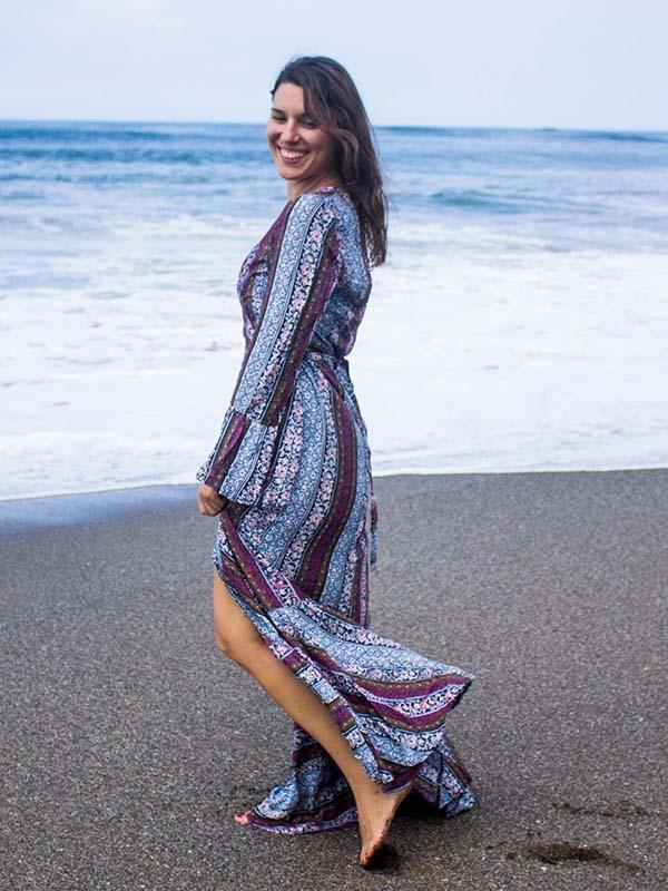 Pretty Chiffon Bohemia Floral Front Split with Tie Long Sleeve Maxi Dress