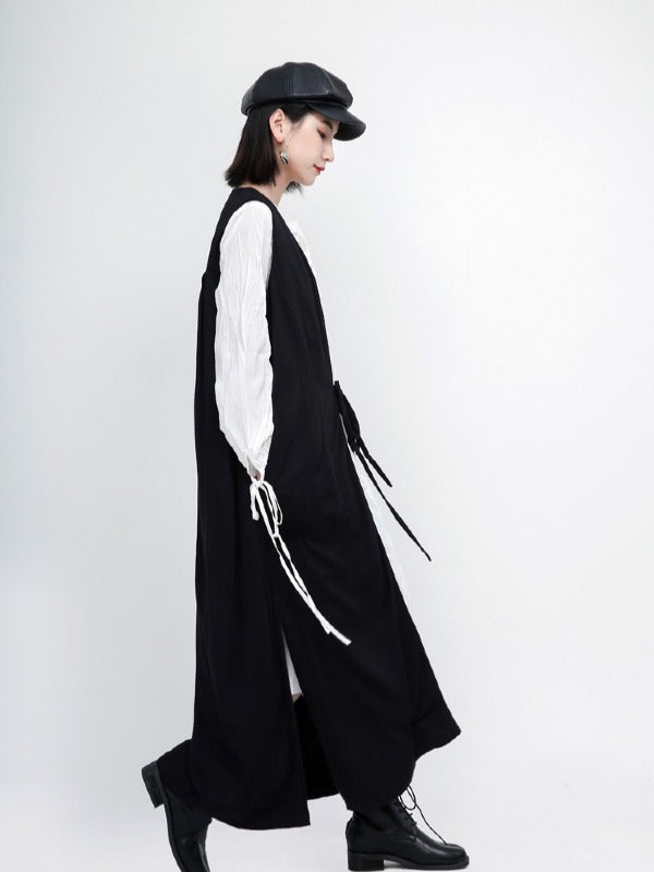 Loose Solid Pleated Lace Up Dress