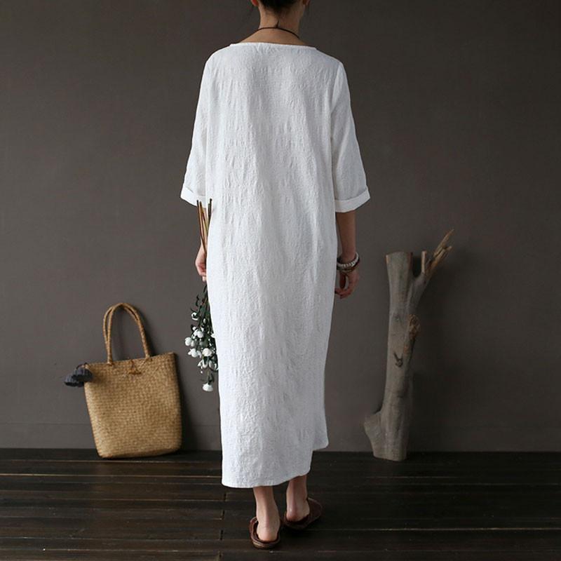 Women Cotton Jacquard Literature Retro Elbow Sleeve White Dress