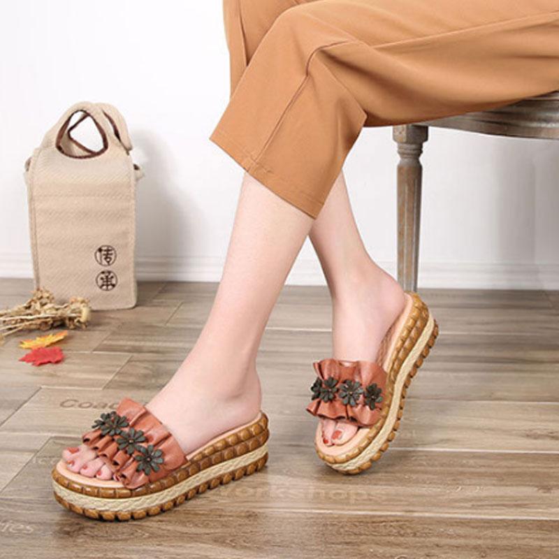 Slope Heel Thick Bottom Brown Slippers Women Beach Shoes