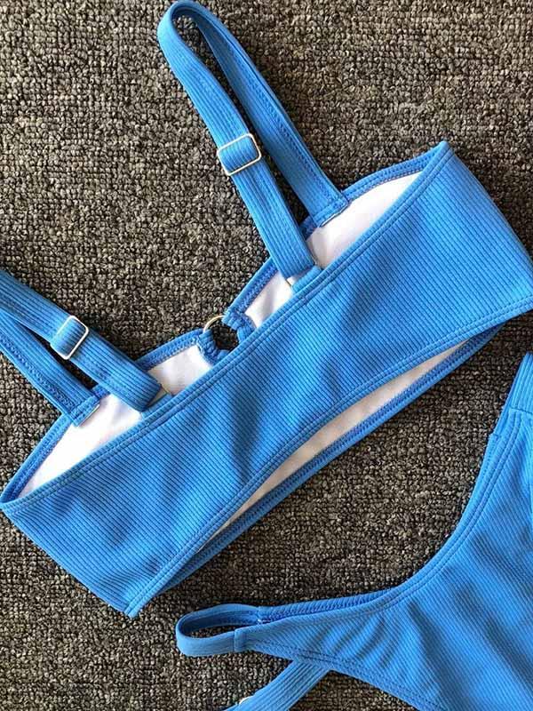 Solid Color Hollow Bandage Split Bikini Swimsuit