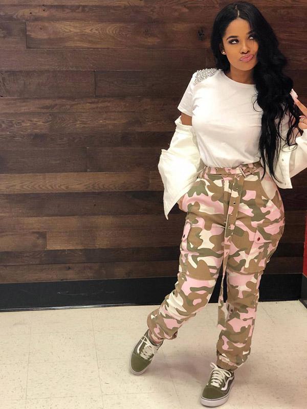 Plus Size Pink Camouflage Printed Track Pants