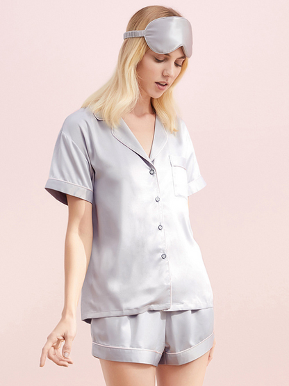 Casual Solid Color Notched Collar Short Sleeves Shirts+ Elastics Shorts Pajama