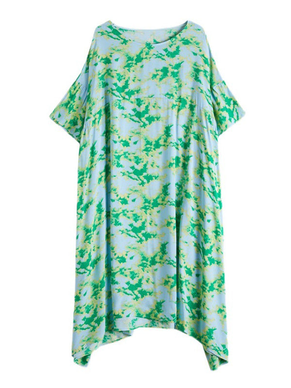 Stylish Printed Round-Neck Batwing Sleeve Midi Dress