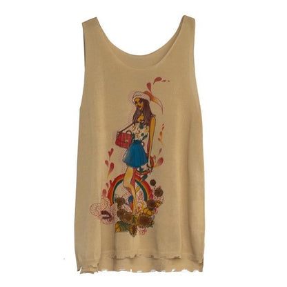 Casual Print Linen Loose Sleeveless Top