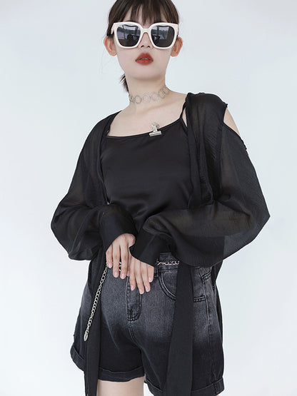 Casual Solid Color Cold Shoulder Long Sleeves Sun-Protection Outwear