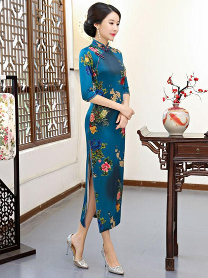 National Flower Printed Long Cheongsam