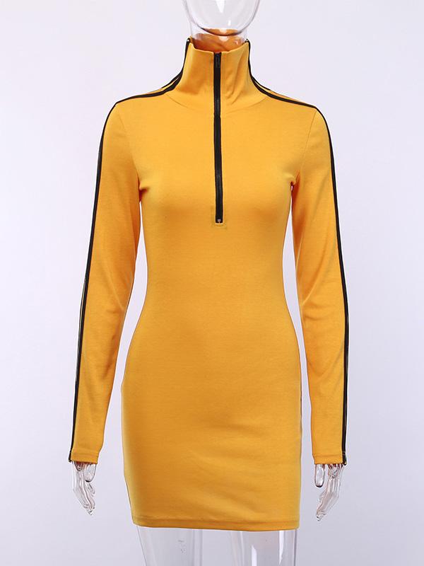 Striped Split-joint Zipper Hip-package Mini Dress