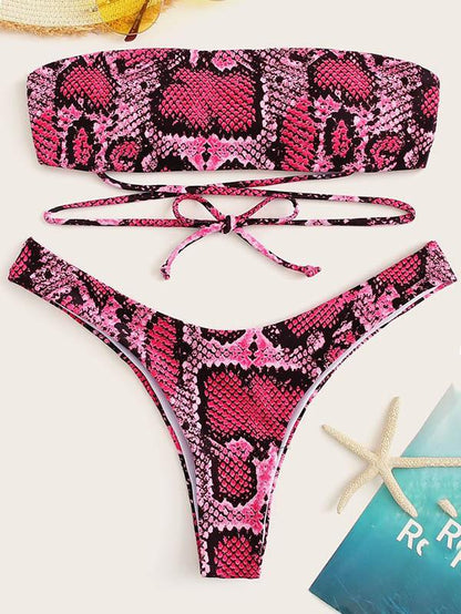 Sexy Strapless Bandage Snake Pattern Split Bikini Swimsuit