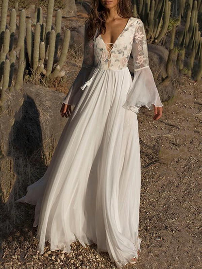 Printed Bandage Waisted Flared Sleeve Evening Dress