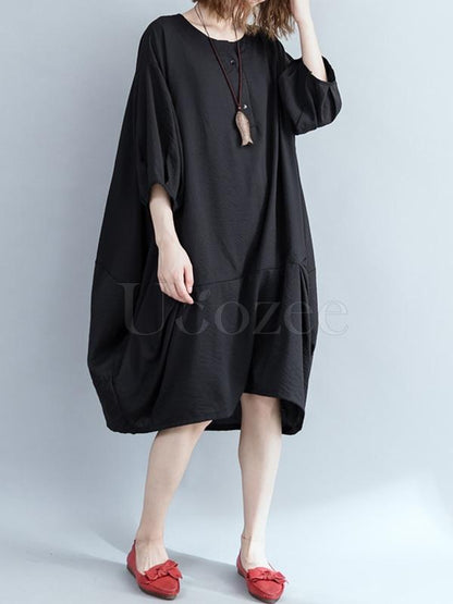 Loose Solid Retro Hemline Midi Dress