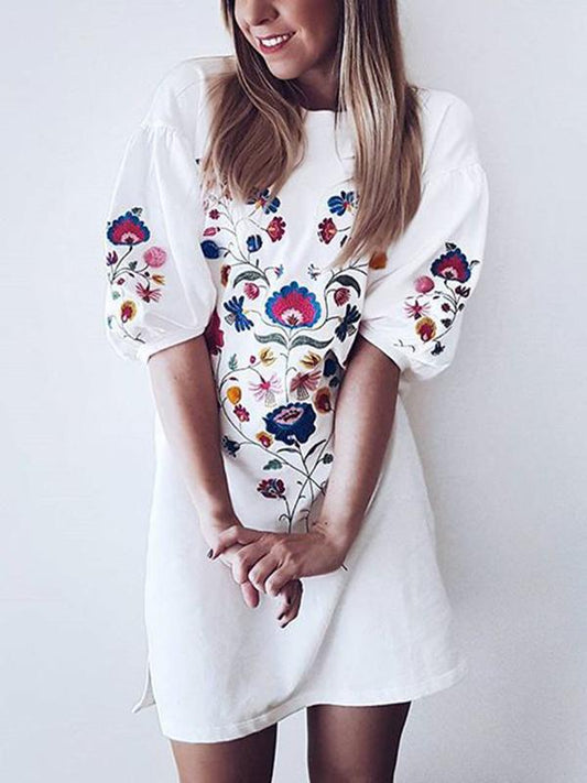 Cute Printed Round-neck Mini Dress