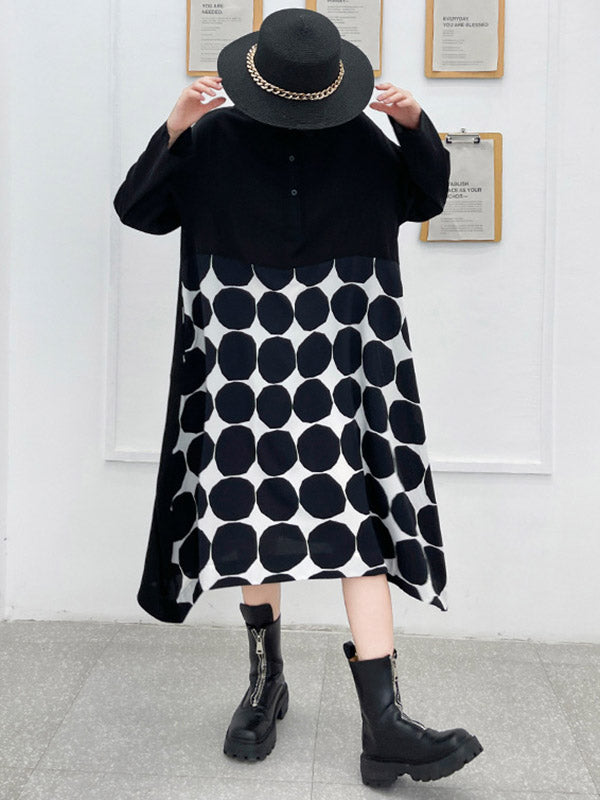 Stylish Irregular Polka-Dot Spit-Joint Buttoned Lapel Collar Long Sleeves A-Line Midi Shirt Dress