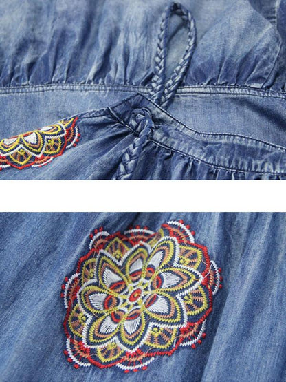 Vintage Denim Embroidery Braces Dress