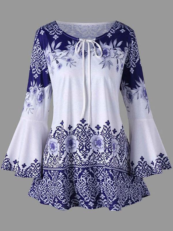 Puff Sleeves Printed A-Line  Blouses&Shirts Tops