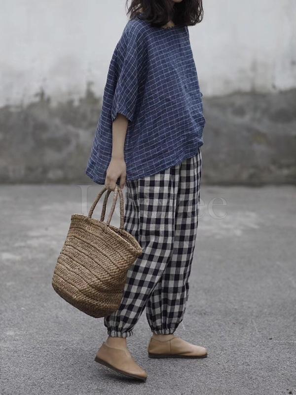 Retro Linen Plaid Casual Harem Pants