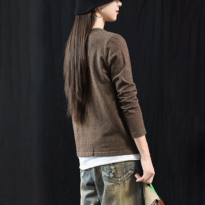 Buykud Solid Color Single Pocket Round Neck Casual Blouse