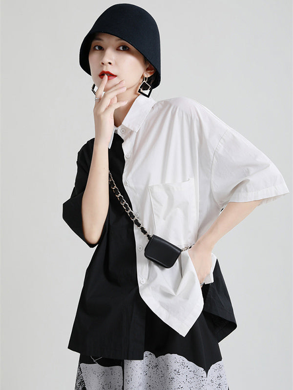 Original Contrast Color Split-Joint With Pocket Buttoned Lapel Color Long Sleeves Blouse