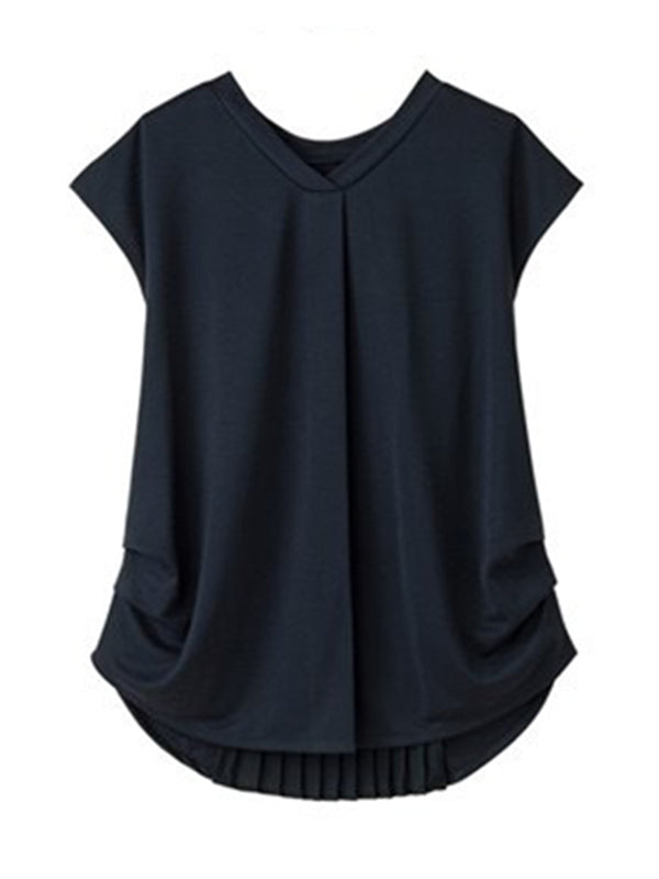 Simple Solid Color Pleated Round-Neck Short Sleeves T-Shirt