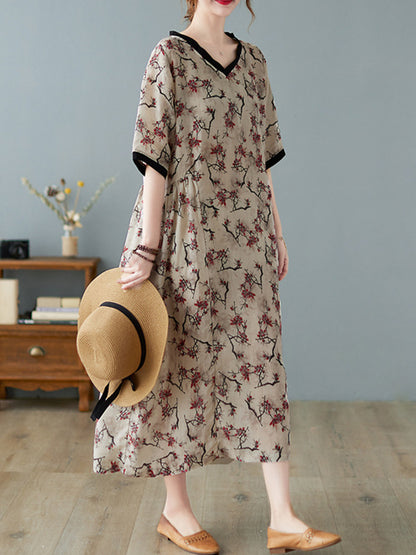 Artistic Retro Contrast Color Floral Printed Midi Dress