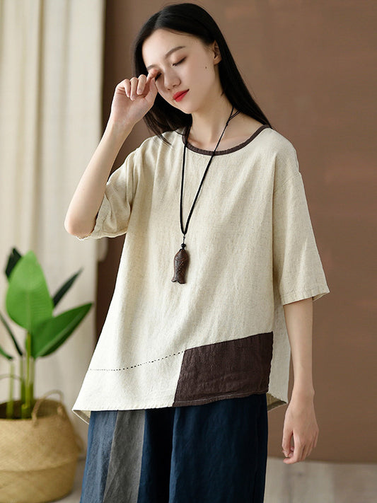 Vintage Cropped Color Block Linen Round-Neck T-Shirt
