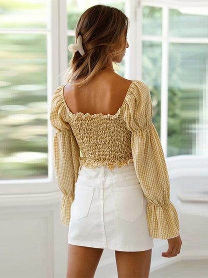 Flared Sleeves Printed Ruffled Square-neck T-shirt Top