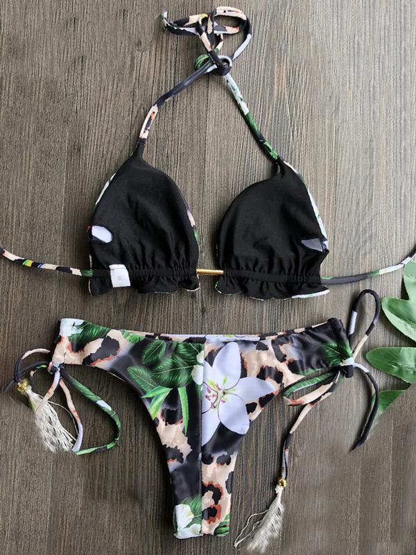 Retro Printed Bandage Split Bikini Swimsuit