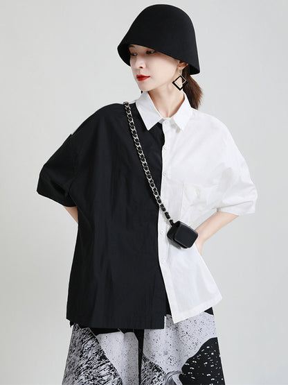 Original Contrast Color Split-Joint With Pocket Buttoned Lapel Color Long Sleeves Blouse