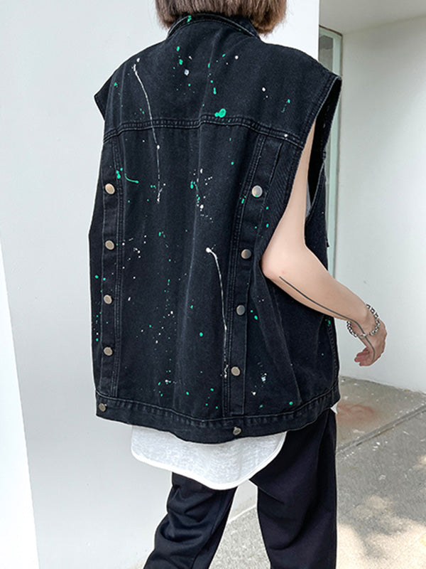 Original Denim Split-Joint With Pocket Splash Ink Buttoned Lapel Collar Sleeveless Vest Outwear
