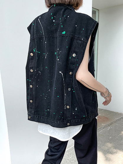 Original Denim Split-Joint With Pocket Splash Ink Buttoned Lapel Collar Sleeveless Vest Outwear