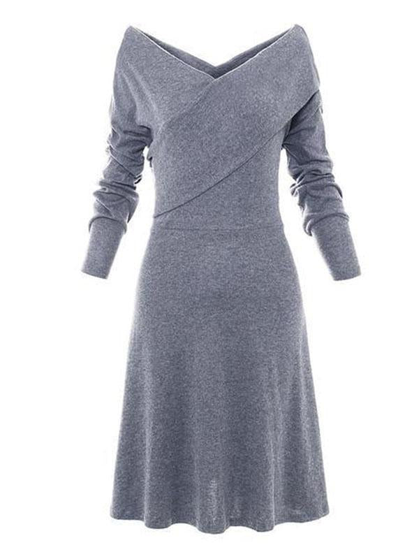 Vintage Solid V-Neck Long Sleeves Midi Dresses